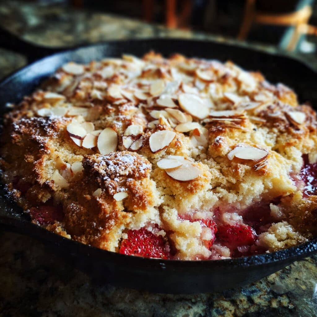 Strawberry Dump Cake 5 Golden brown strawberry dump cake in a white baking dish with a serving spoon, showing layers of bubbling strawberry filling beneath a buttery crumble topping with toasted almonds