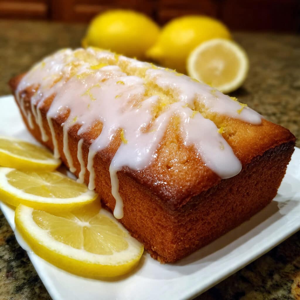 Lemon Pound Cake 5 A slice of moist lemon pound cake with white lemon glaze dripping down the sides, served on a white plate with fresh lemon slices and a fork