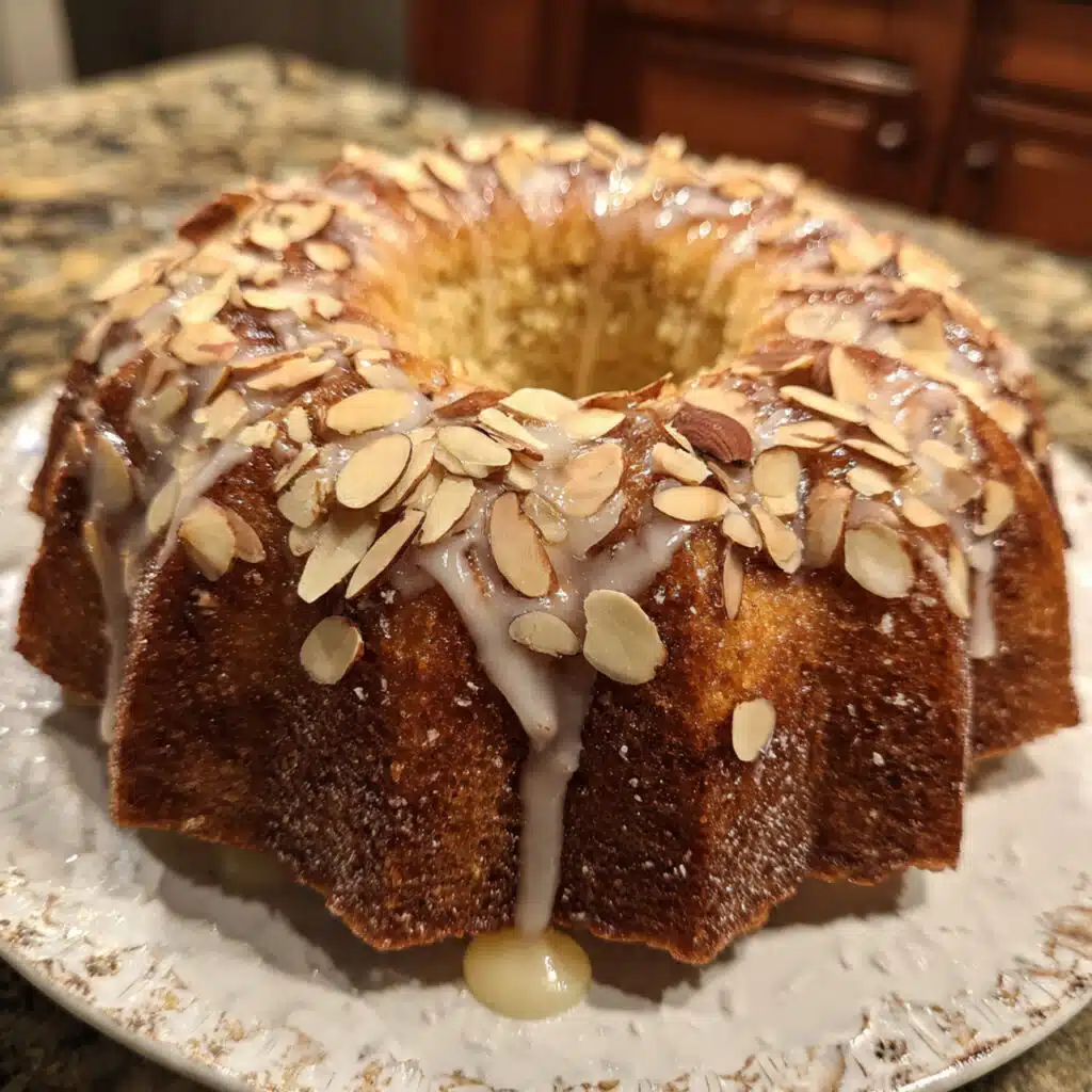 golden brown almond bundt cake on a white cake stand, drizzled with white almond glaze and topped with toasted sliced almonds, with one slice removed showing the moist, tender crumb