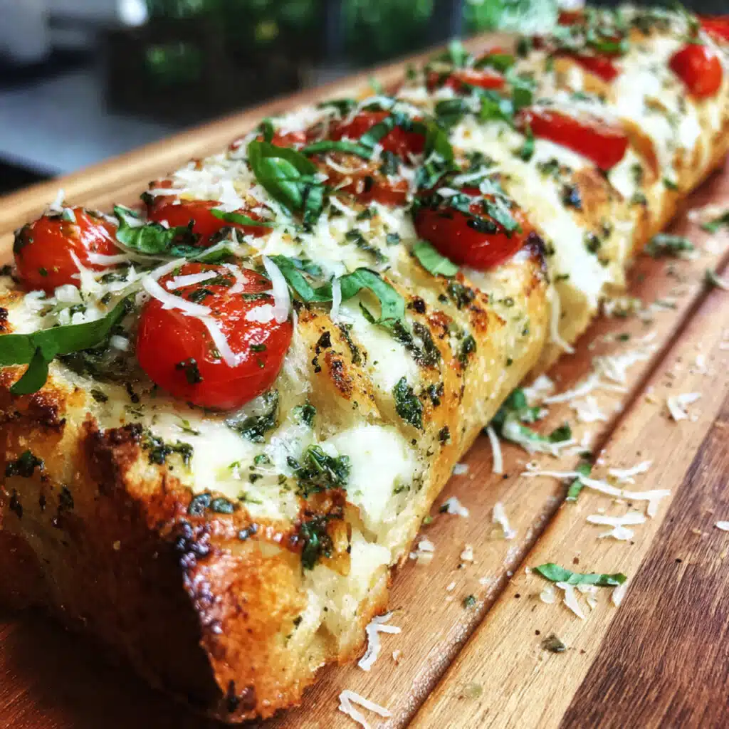 Golden brown Caprese garlic bread topped with melted mozzarella cheese, halved cherry tomatoes, fresh basil, and drizzled with balsamic glaze on a white serving platter
