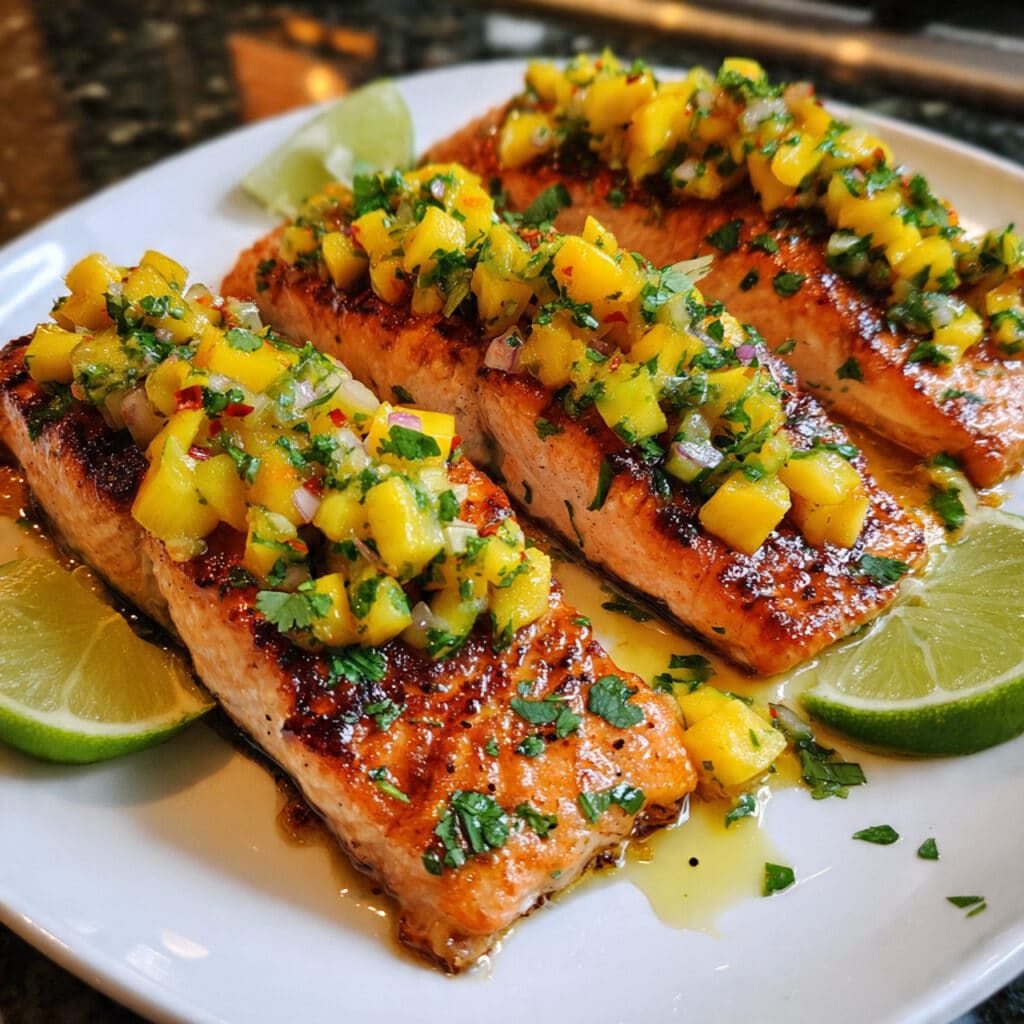 Grilled Salmon with Mango Salsa is summer on a plate! Perfectly seasoned, tender salmon topped with the most vibrant, fresh, and flavorful mango salsa.
