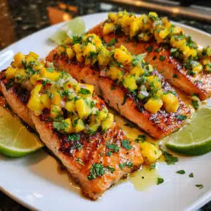 Grilled Salmon with Mango Salsa is summer on a plate! Perfectly seasoned, tender salmon topped with the most vibrant, fresh, and flavorful mango salsa.