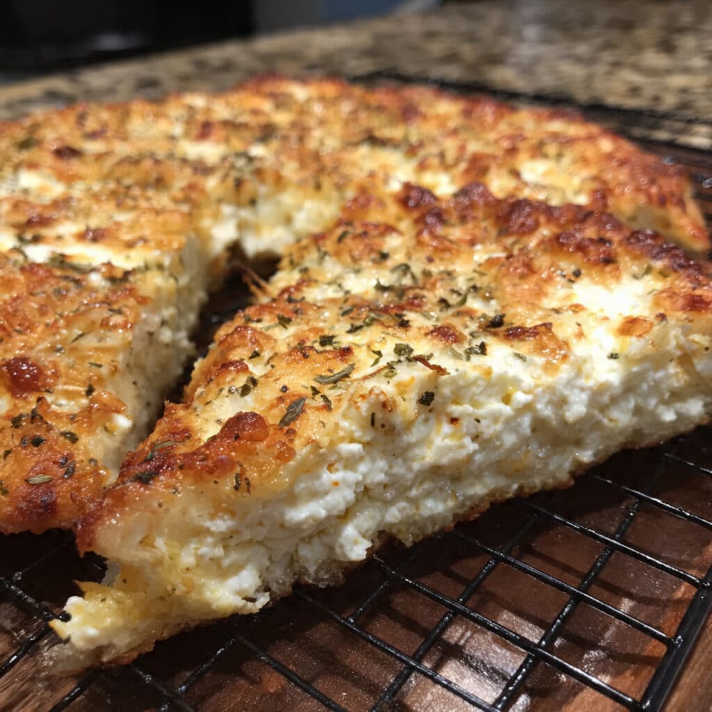 Cottage Cheese Flatbread 6 Golden brown cottage cheese flatbread topped with melted mozzarella, fresh basil leaves, and cherry tomatoes on a wooden cutting board