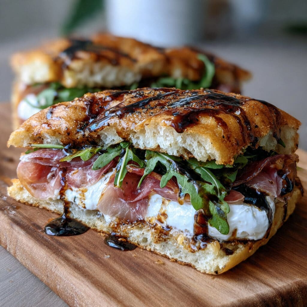 Burrata Italian focaccia sandwich cut into squares showing creamy burrata cheese, prosciutto, arugula, and roasted red peppers on fluffy focaccia bread drizzled with balsamic glaze