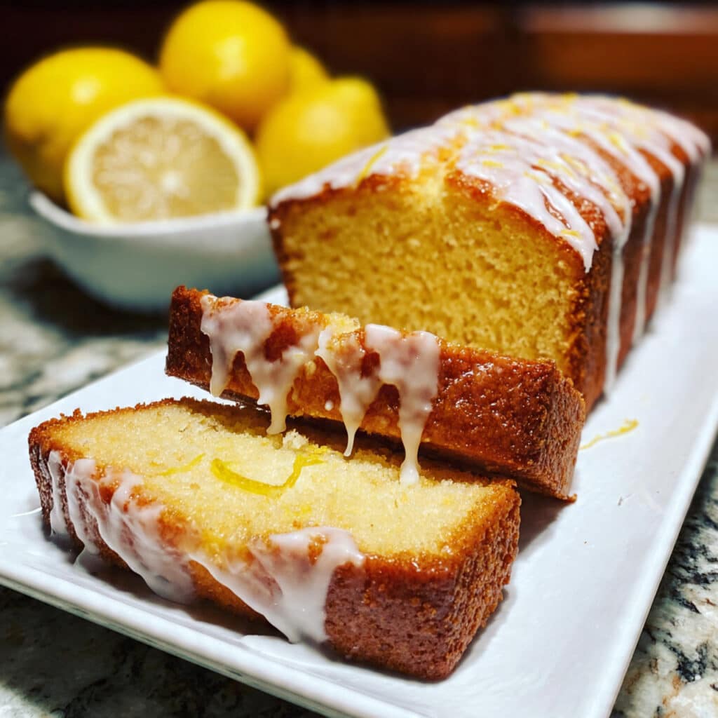 Lemon Pound Cake 8 A slice of moist lemon pound cake with white lemon glaze dripping down the sides, served on a white plate with fresh lemon slices and a fork
