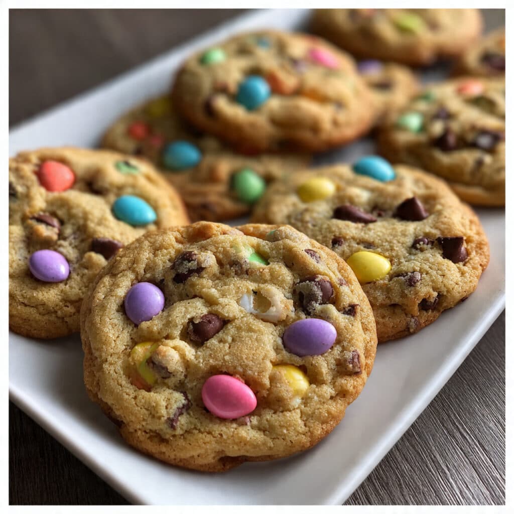 Easter chocolate chip cookies with pastel candy pieces on a white plate, surrounded by colorful Easter eggs