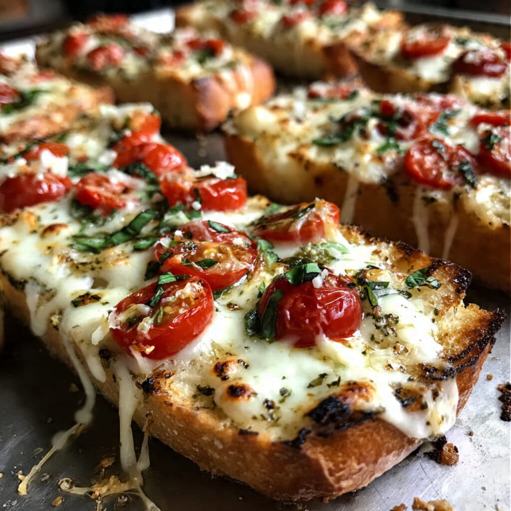 Golden brown Caprese garlic bread topped with melted mozzarella cheese, halved cherry tomatoes, fresh basil, and drizzled with balsamic glaze on a white serving platter