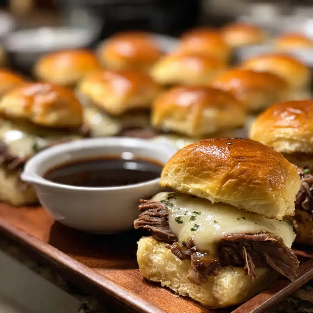 Golden brown French dip sliders on a white platter with melted cheese and tender beef, served alongside small bowls of rich au jus dipping sauce