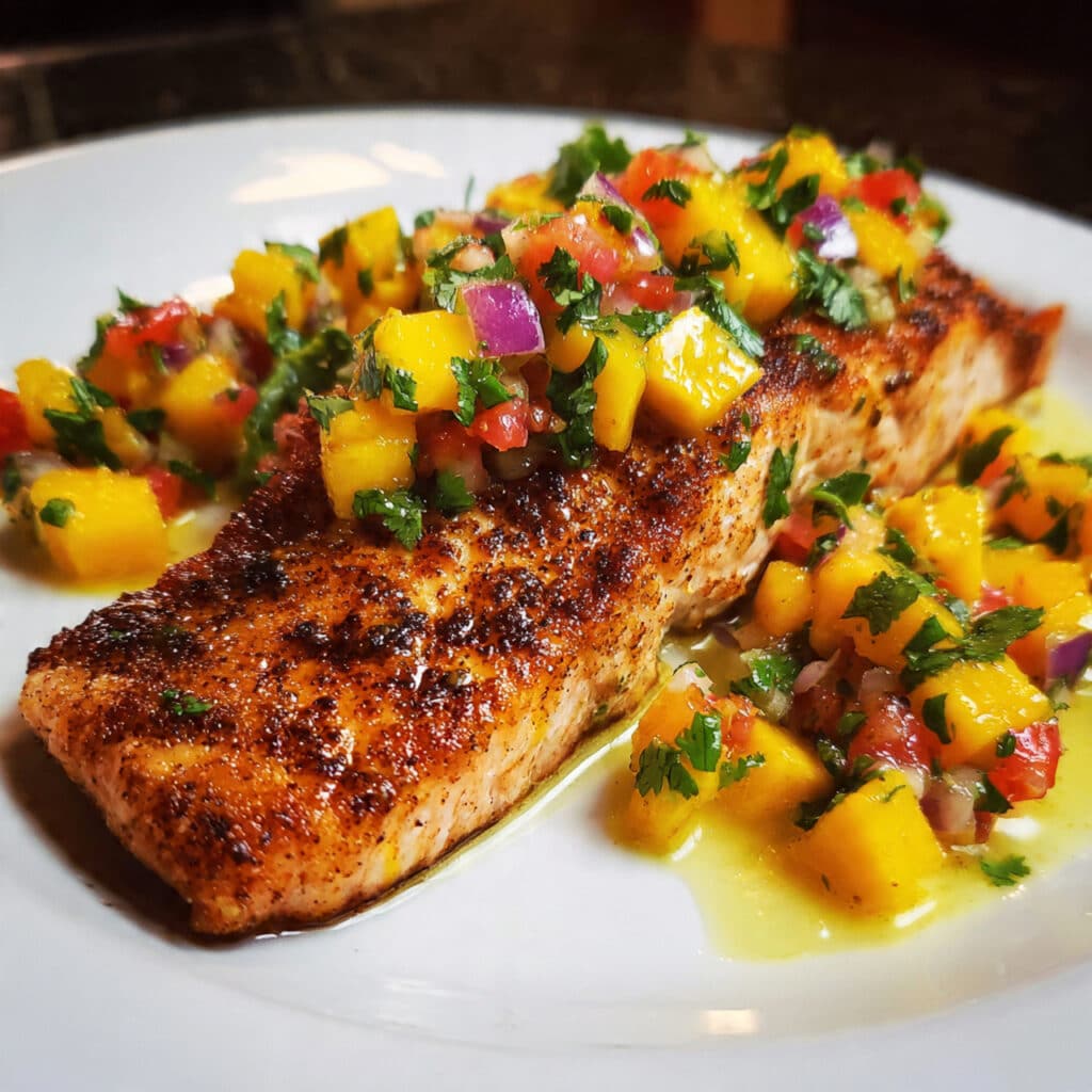 Grilled Salmon with Mango Salsa is summer on a plate! Perfectly seasoned, tender salmon topped with the most vibrant, fresh, and flavorful mango salsa.
