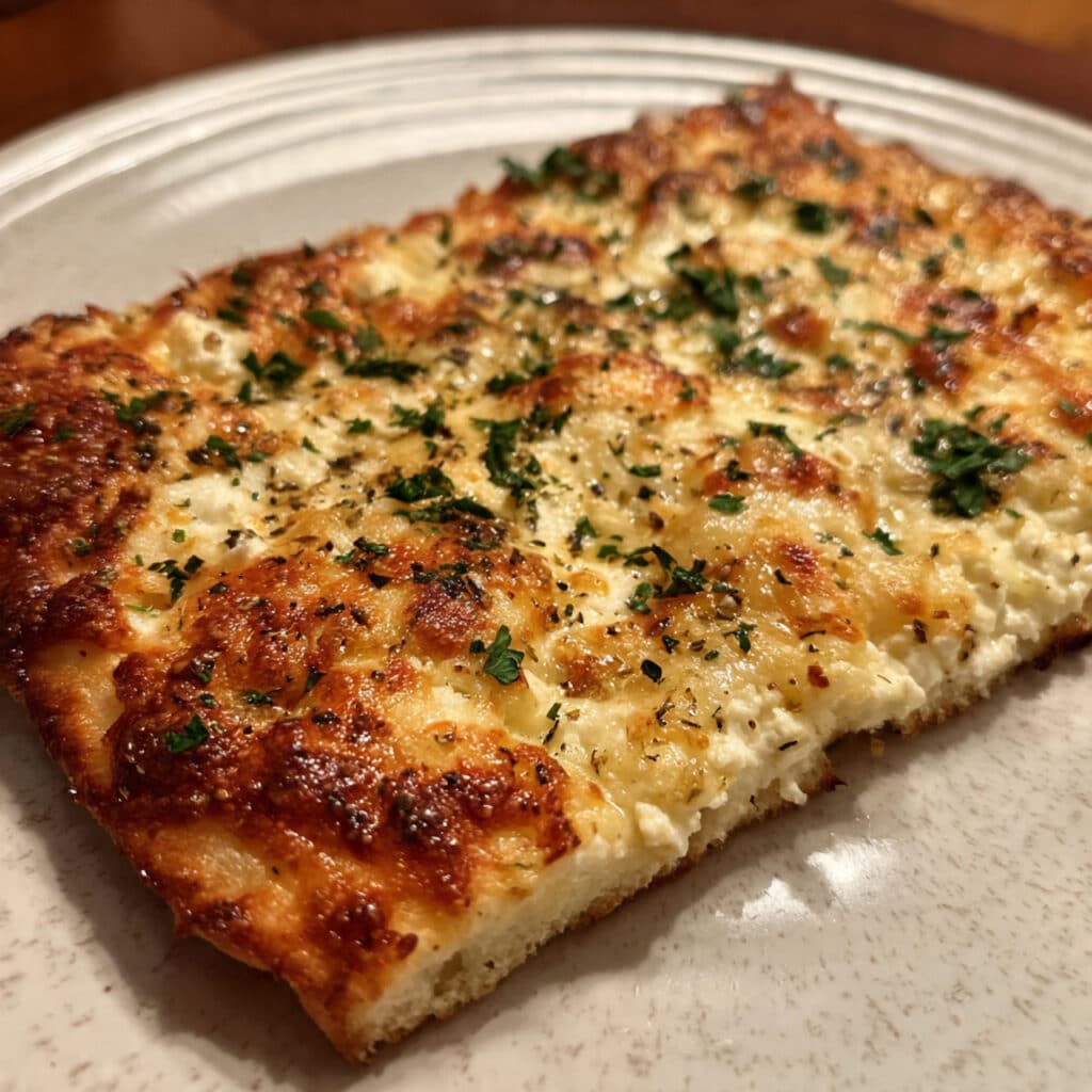 Golden brown cottage cheese flatbread topped with melted mozzarella, fresh basil leaves, and cherry tomatoes on a wooden cutting board