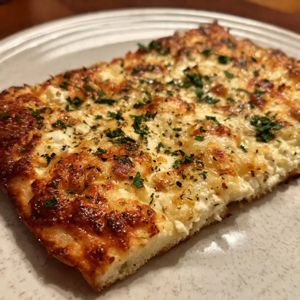 Golden brown cottage cheese flatbread topped with melted mozzarella, fresh basil leaves, and cherry tomatoes on a wooden cutting board