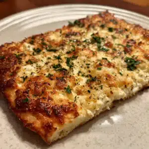 Golden brown cottage cheese flatbread topped with melted mozzarella, fresh basil leaves, and cherry tomatoes on a wooden cutting board