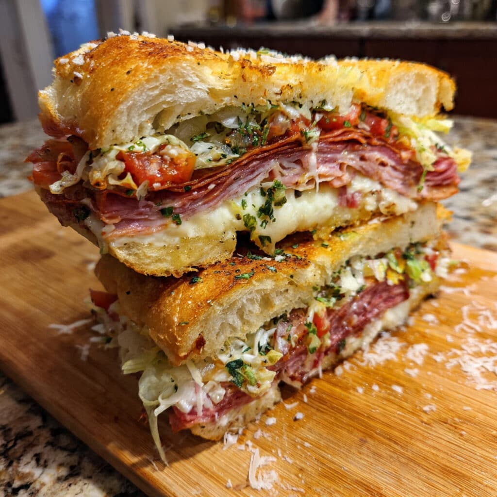 Baked Italian Grinder Sandwiches 7 Baked Italian Grinder Sandwich is loaded with ham, pepperoni, salami, melted provolone, and a zesty grinder salad on buttery garlic bread.