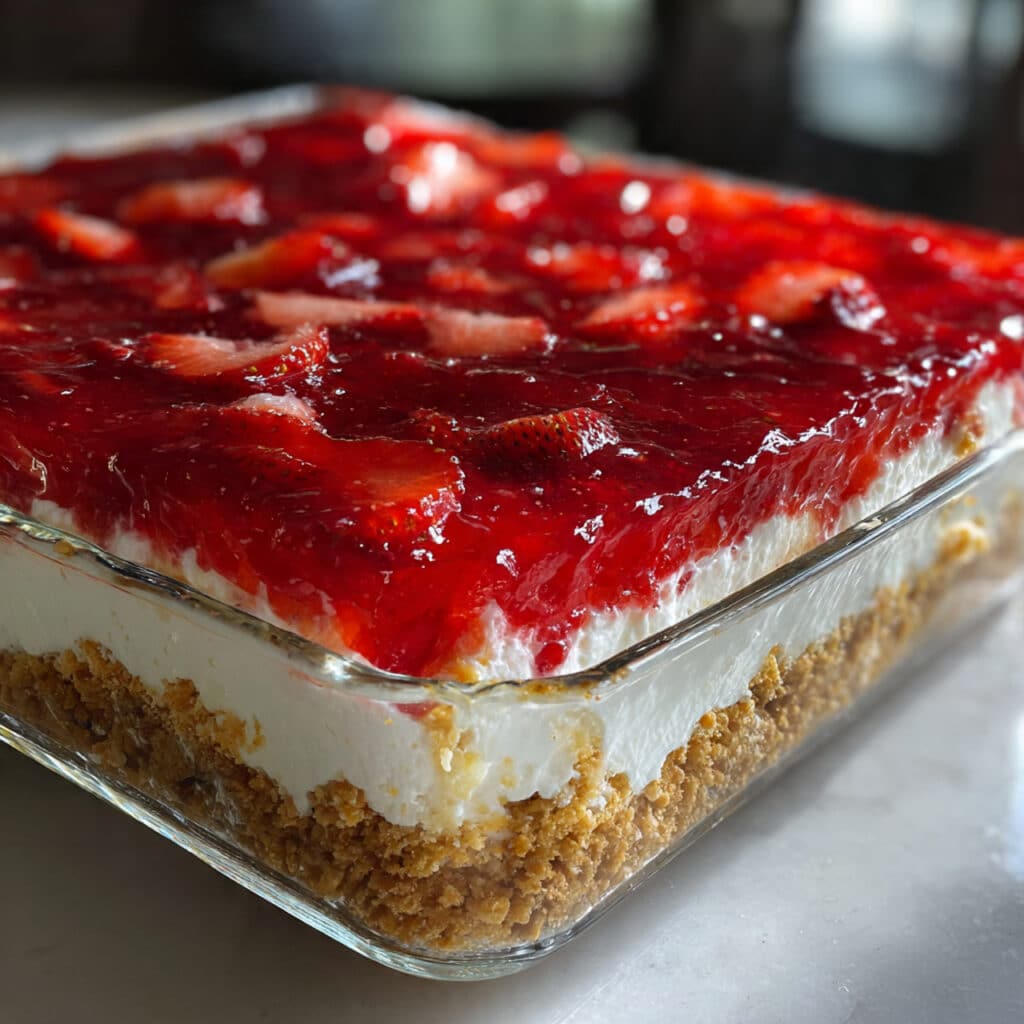 Strawberry Pretzel Salad Recipe 4 strawberry pretzel salad dessert in a glass baking dish showing distinct layers of golden pretzel crust, white cream cheese filling, and red strawberry gelatin topping with fresh strawberry slices