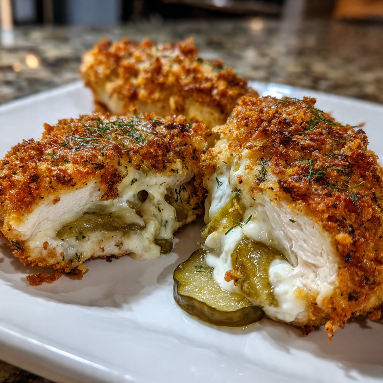 Crispy Dill Pickle Parmesan Chicken – tangy, crunchy, and packed with flavor! This easy baked chicken recipe is marinated in pickle juice and coated with crushed pickle chips for the ultimate pickle lover's dinner.