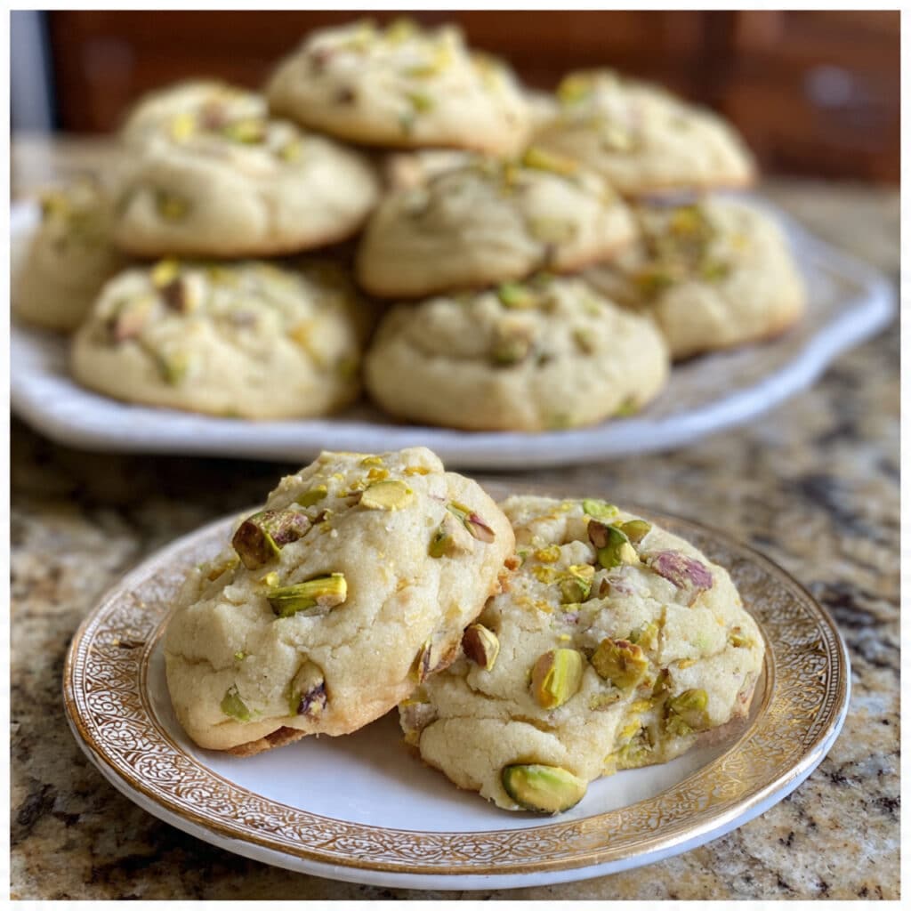 Soft pistachio pudding cookies with chopped pistachios on a white plate with a glass of milk in the background