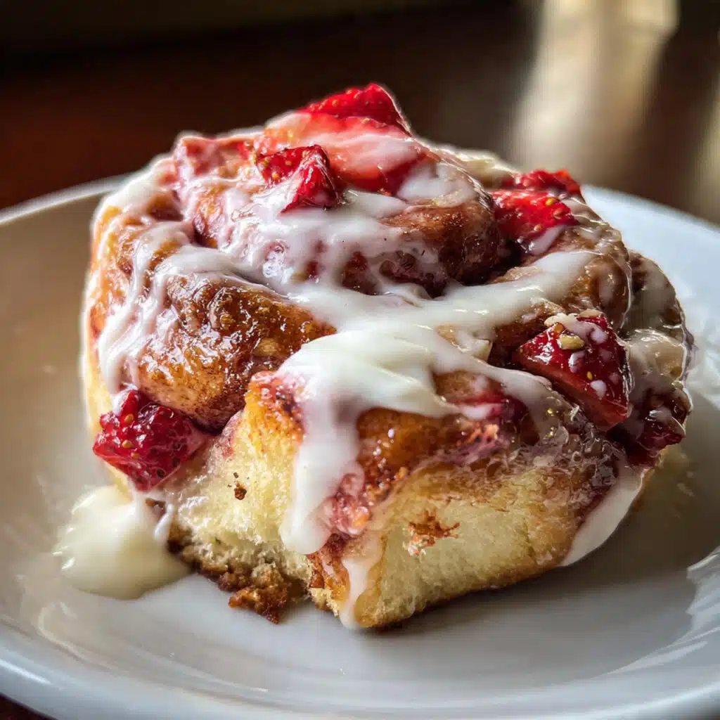 Warm strawberry cinnamon rolls with cream cheese icing drizzled on top, arranged in a baking dish with fresh strawberries nearby