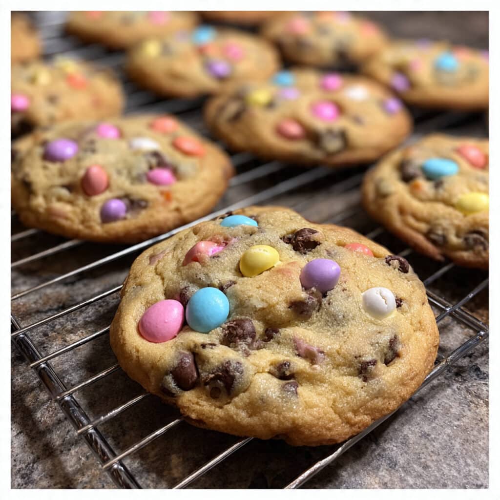 Easter chocolate chip cookies with pastel candy pieces on a white plate, surrounded by colorful Easter eggs