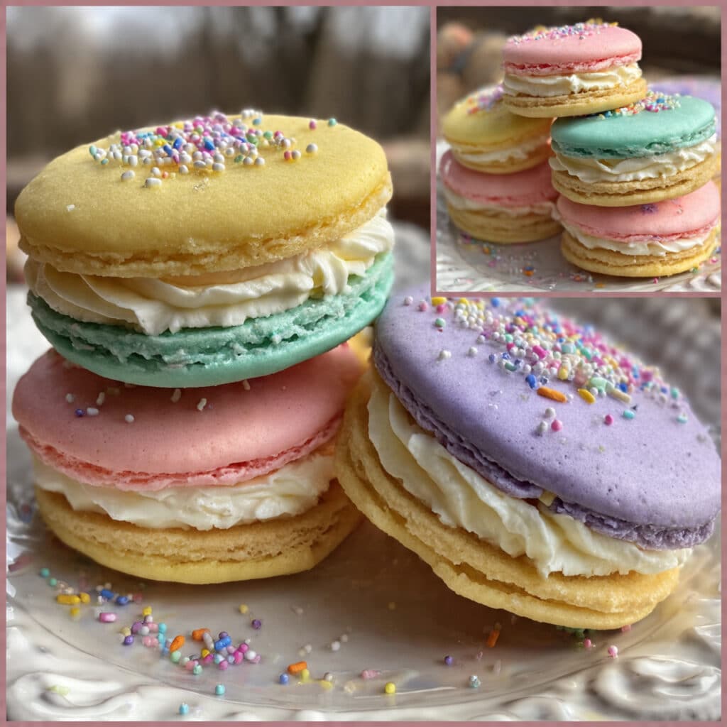 Pastel Sugar Cookie Sandwiches 6 pastel sugar cookie sandwiches in pink, blue, yellow, and purple stacked on a white plate, filled with creamy vanilla buttercream and decorated with colorful sprinkles around the edges
