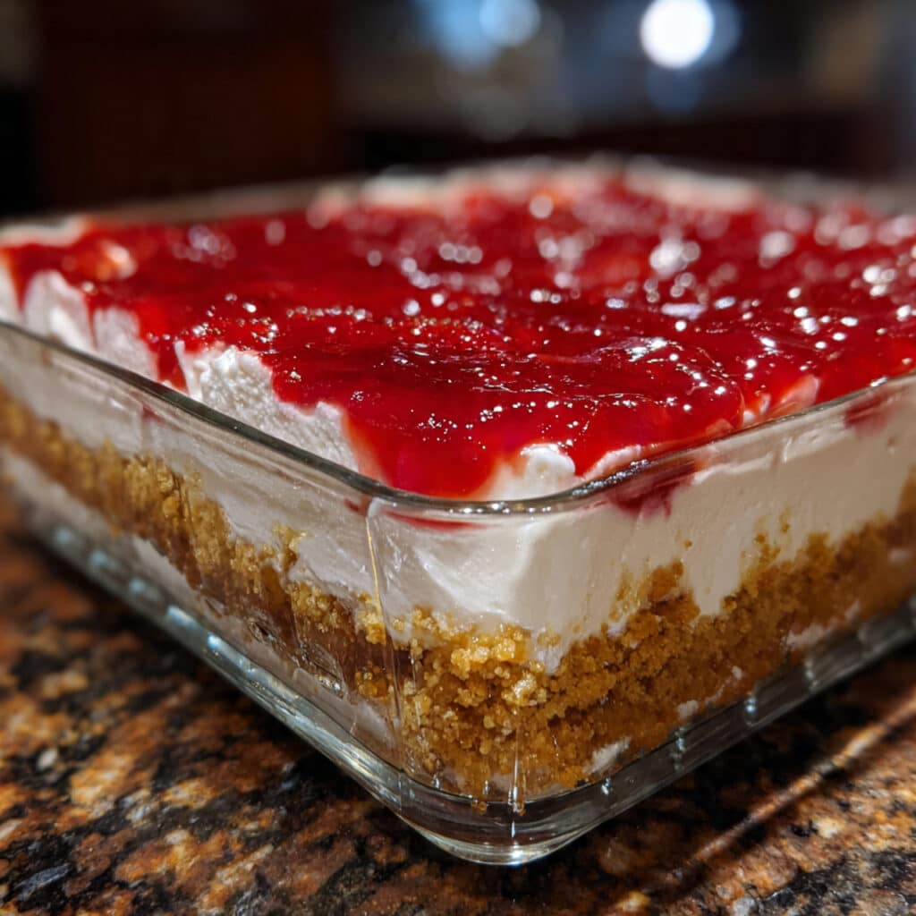 Strawberry Pretzel Salad Recipe 6 strawberry pretzel salad dessert in a glass baking dish showing distinct layers of golden pretzel crust, white cream cheese filling, and red strawberry gelatin topping with fresh strawberry slices