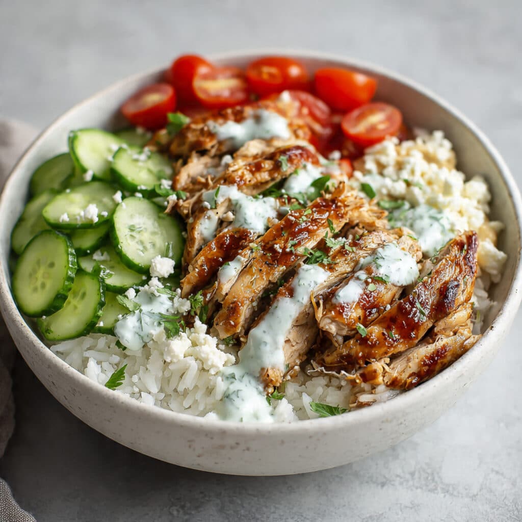 chicken shawarma bowl with sliced marinated chicken, jasmine rice, fresh cucumbers, cherry tomatoes, creamy tzatziki sauce, hummus, and crumbled feta cheese in a white bowl