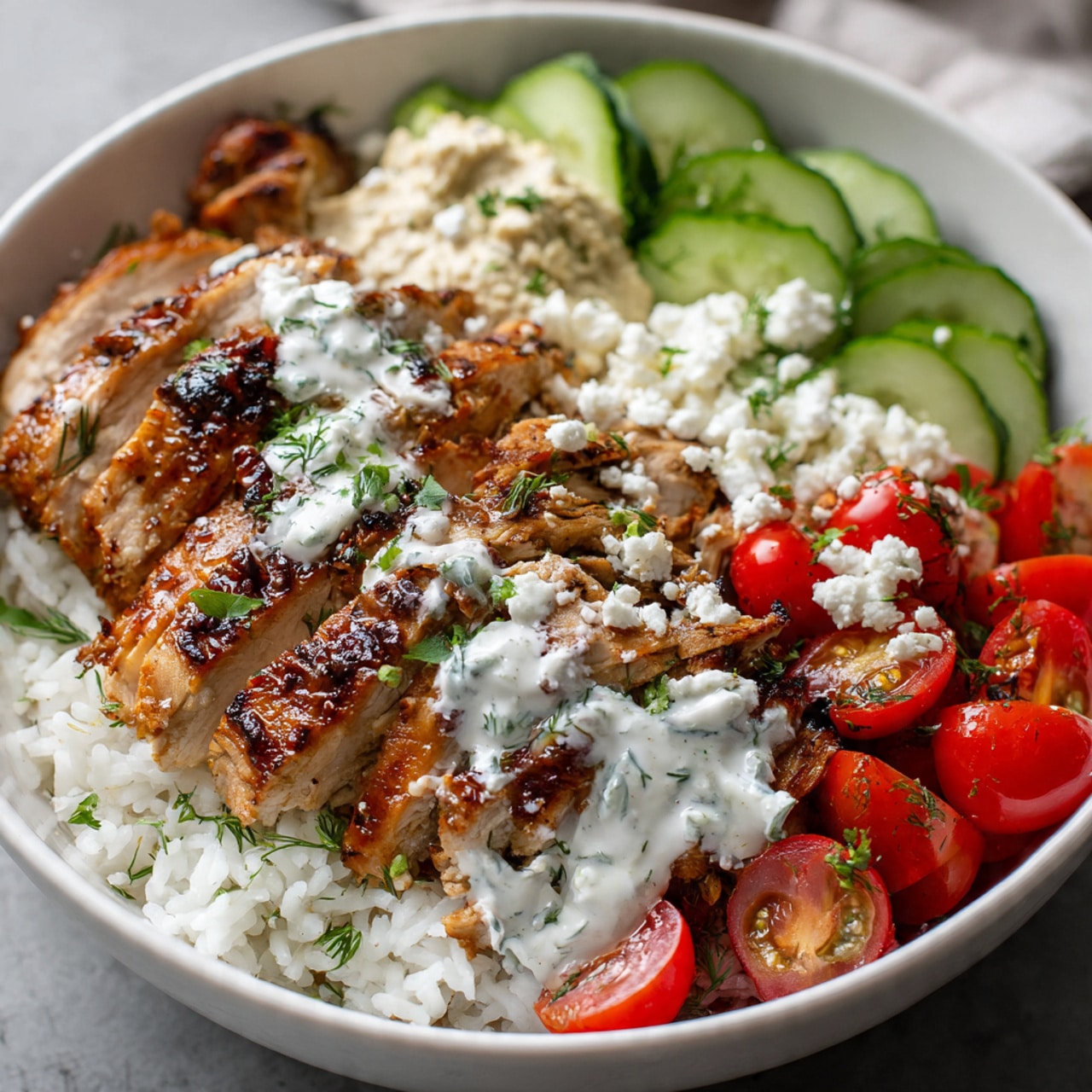 chicken shawarma bowl with sliced marinated chicken, jasmine rice, fresh cucumbers, cherry tomatoes, creamy tzatziki sauce, hummus, and crumbled feta cheese in a white bowl