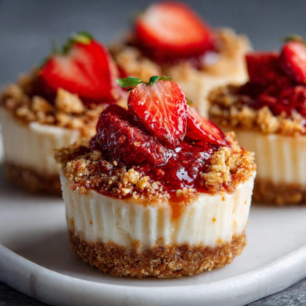 strawberry crunch cheesecake bites on a white plate showing layers of graham cracker crust, creamy cheesecake filling, and pink strawberry crunch topping