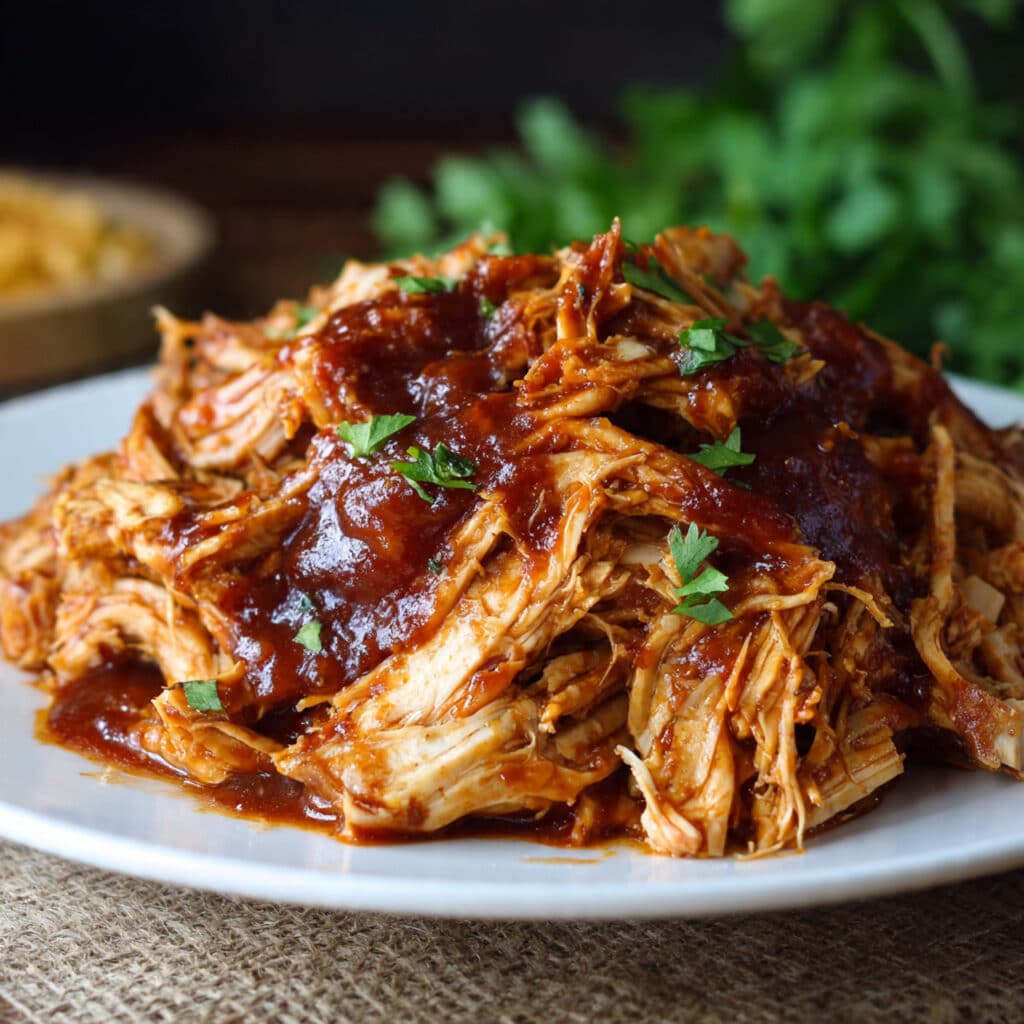 Shredded BBQ chicken in a slow cooker with tangy barbecue sauce, ready to be served on slider buns