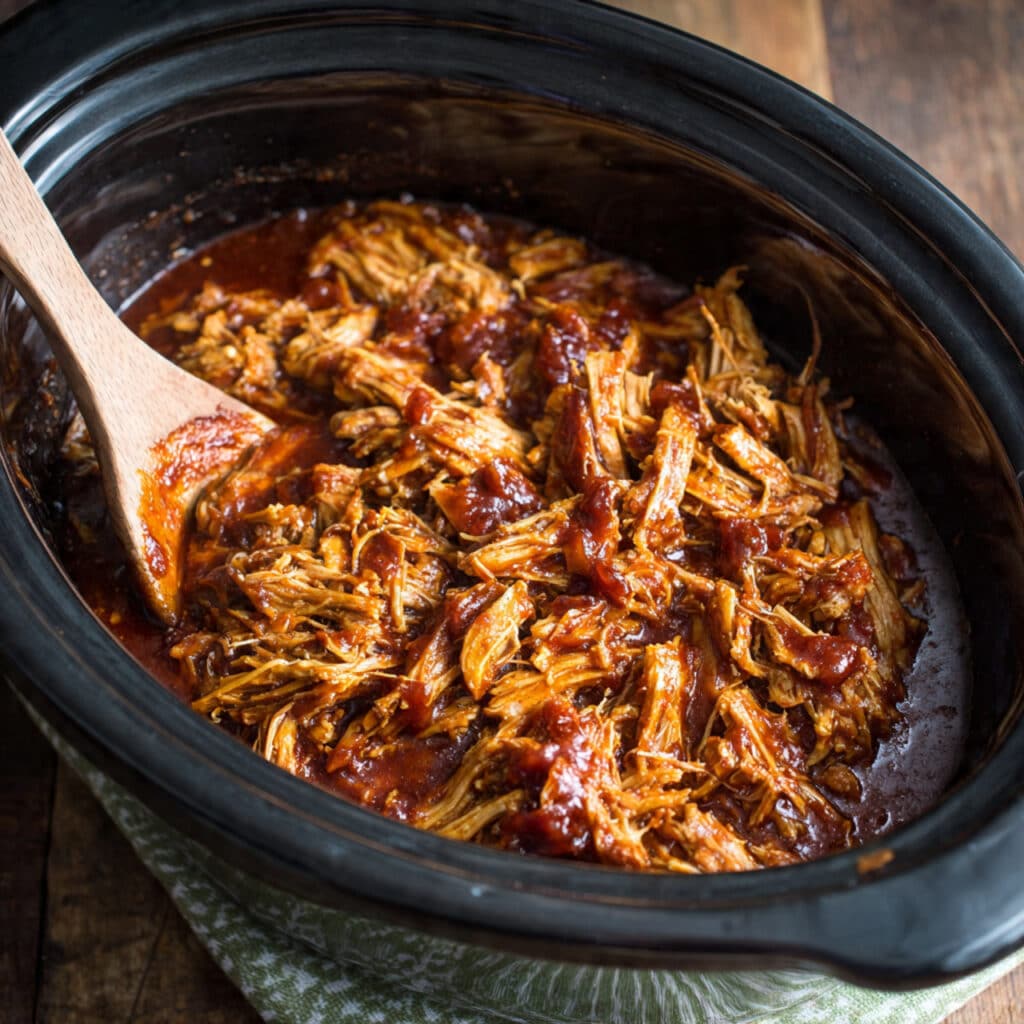 Shredded BBQ chicken in a slow cooker with tangy barbecue sauce, ready to be served on slider buns