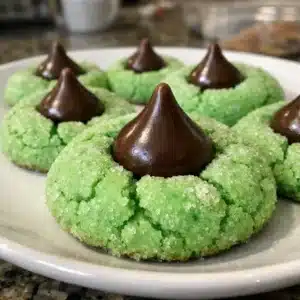 Soft green mint chocolate kiss blossom cookies topped with chocolate kisses arranged on a white plate