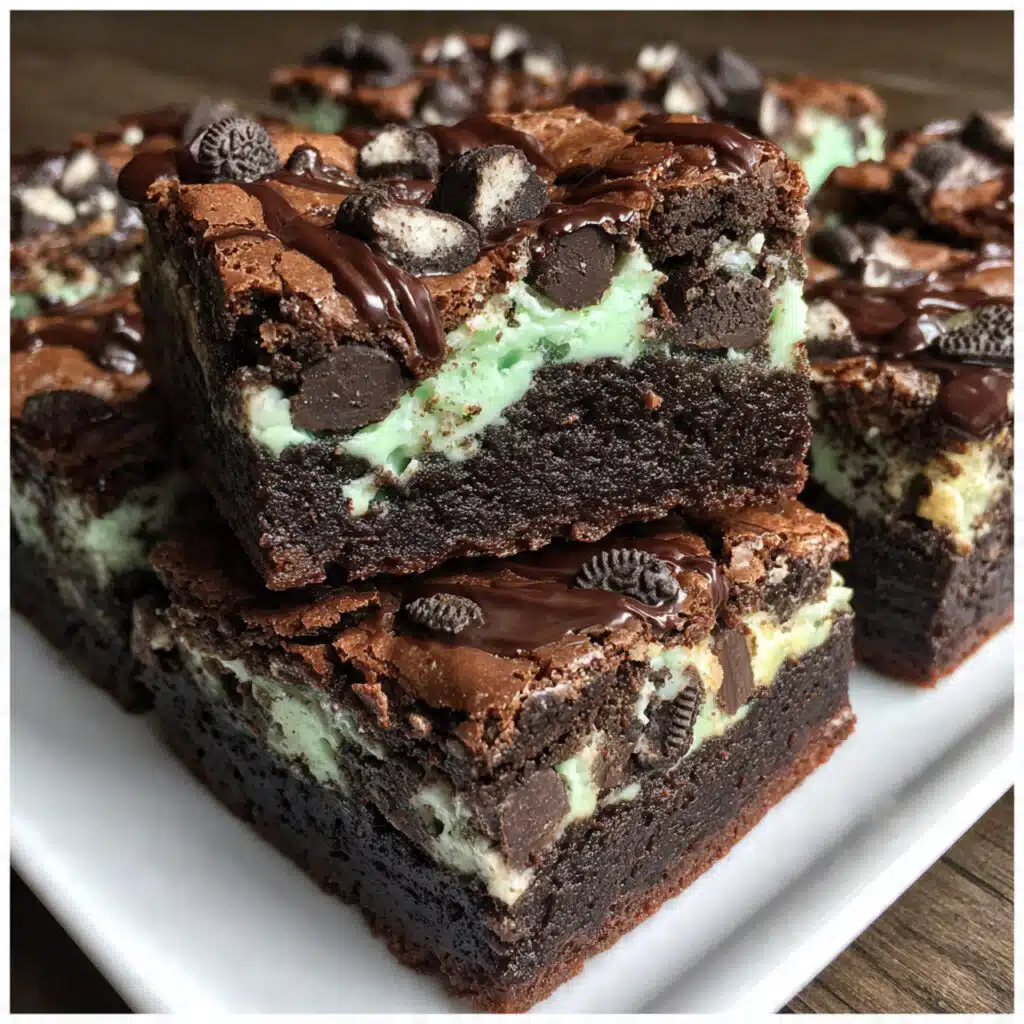 Triple Layer Fudgy Mint Oreo Brownies — rich chocolate, refreshing mint, and crunchy Oreos in every bite! The ultimate dessert for chocolate-mint lovers.