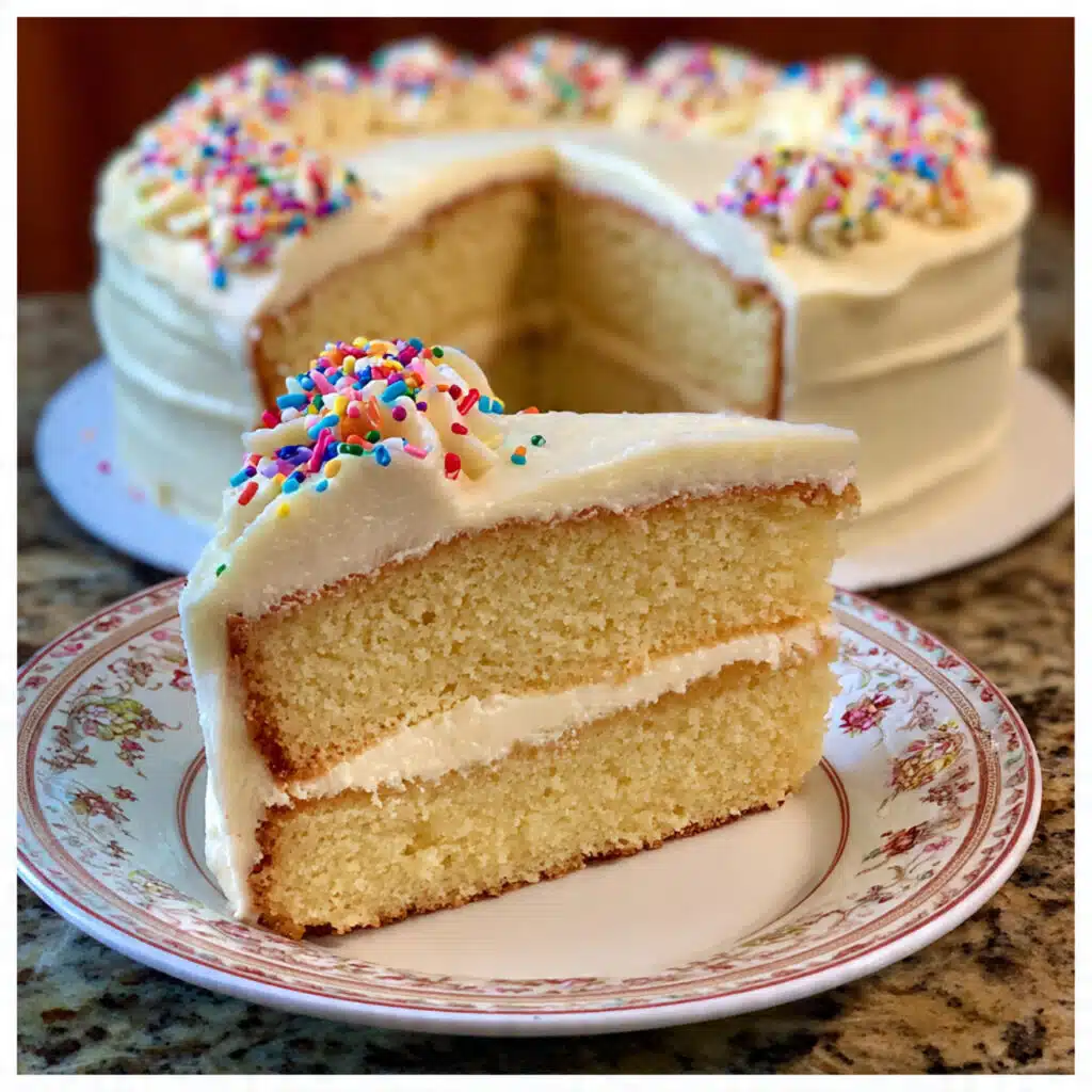A slice of classic vanilla layer cake with white buttercream frosting on a white plate, showing the light, fluffy texture of the cake layers