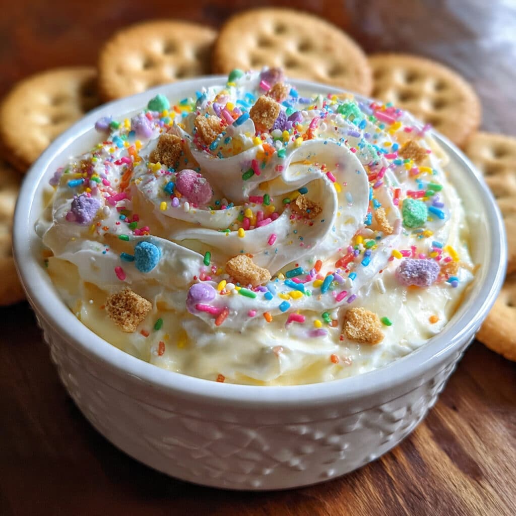 Easter Dunkaroo Dip 4 Creamy Easter Dunkaroo Dip topped with pastel sprinkles in a white serving bowl, surrounded by animal crackers, fresh strawberries, and graham crackers on a festive spring tablecloth