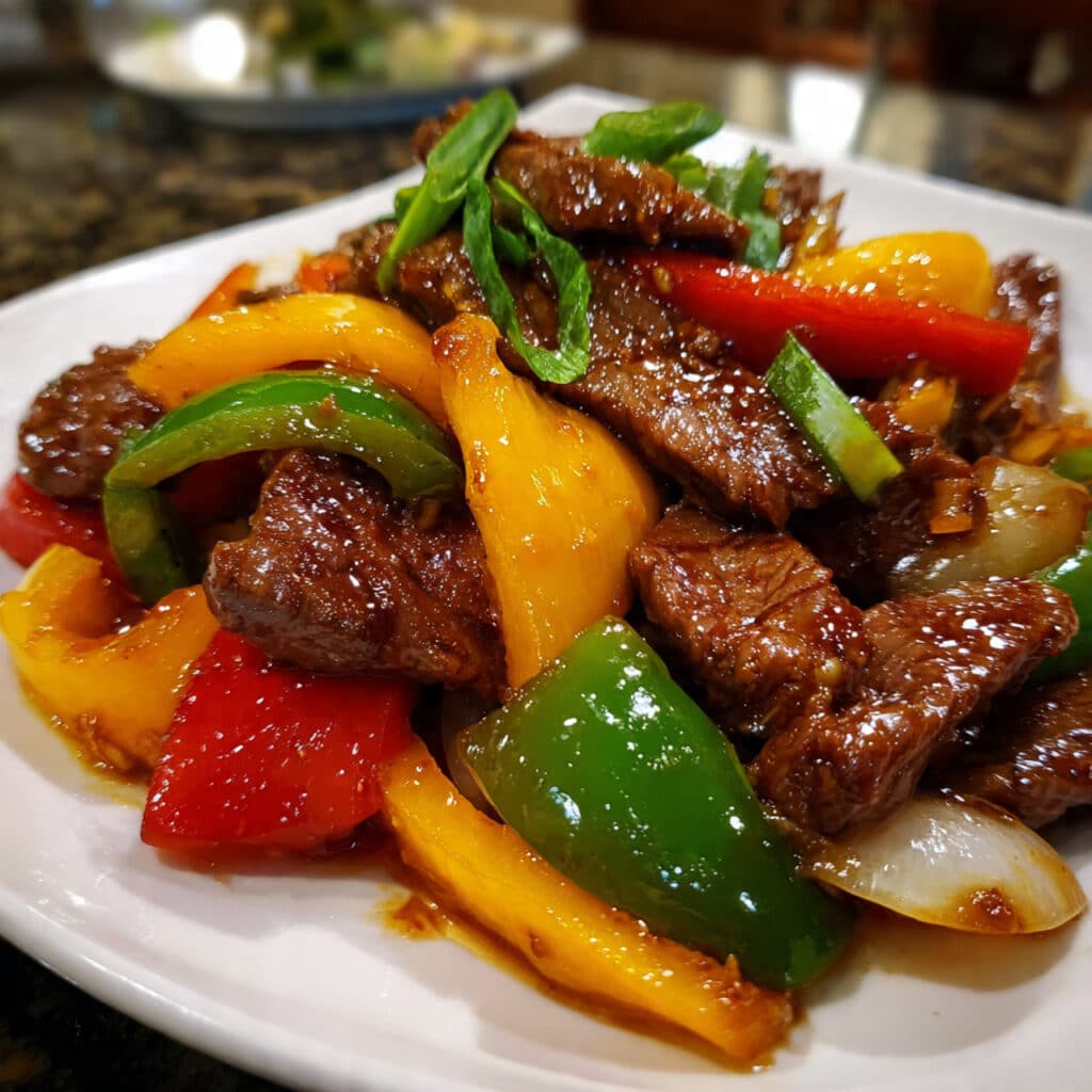 keto beef pepper steak stir-fry in a black skillet with tender sliced beef, vibrant red yellow and green bell peppers, garnished with sesame seeds and green onions
