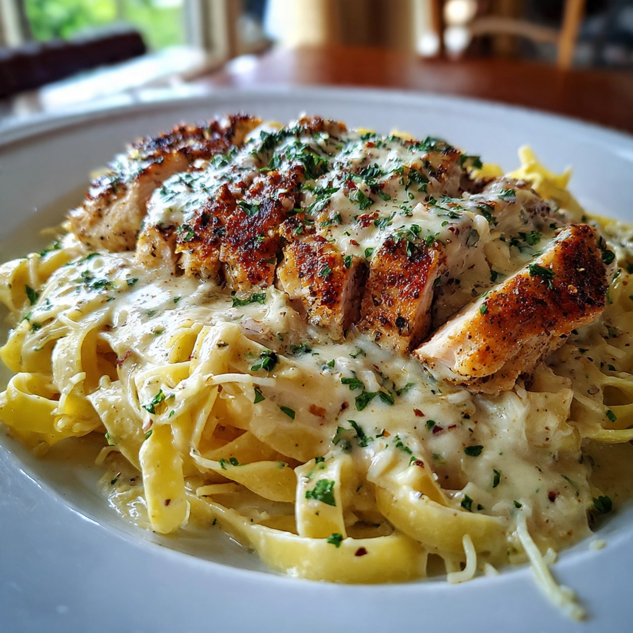 Creamy Cajun Chicken Alfredo pasta with tender seasoned chicken strips on top of fettuccine noodles coated in rich, spicy Alfredo sauce, garnished with fresh parsley and Parmesan cheese