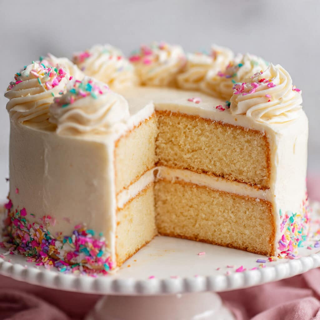 A slice of classic vanilla layer cake with white buttercream frosting on a white plate, showing the light, fluffy texture of the cake layers