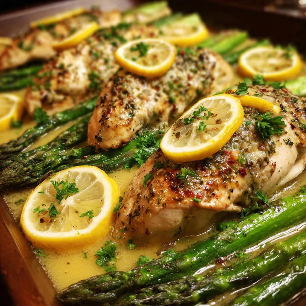 Baked Chicken and Asparagus is the easiest one-pan dinner you'll make all week! Tender, juicy chicken with perfectly roasted asparagus and a bright lemon-garlic sauce
