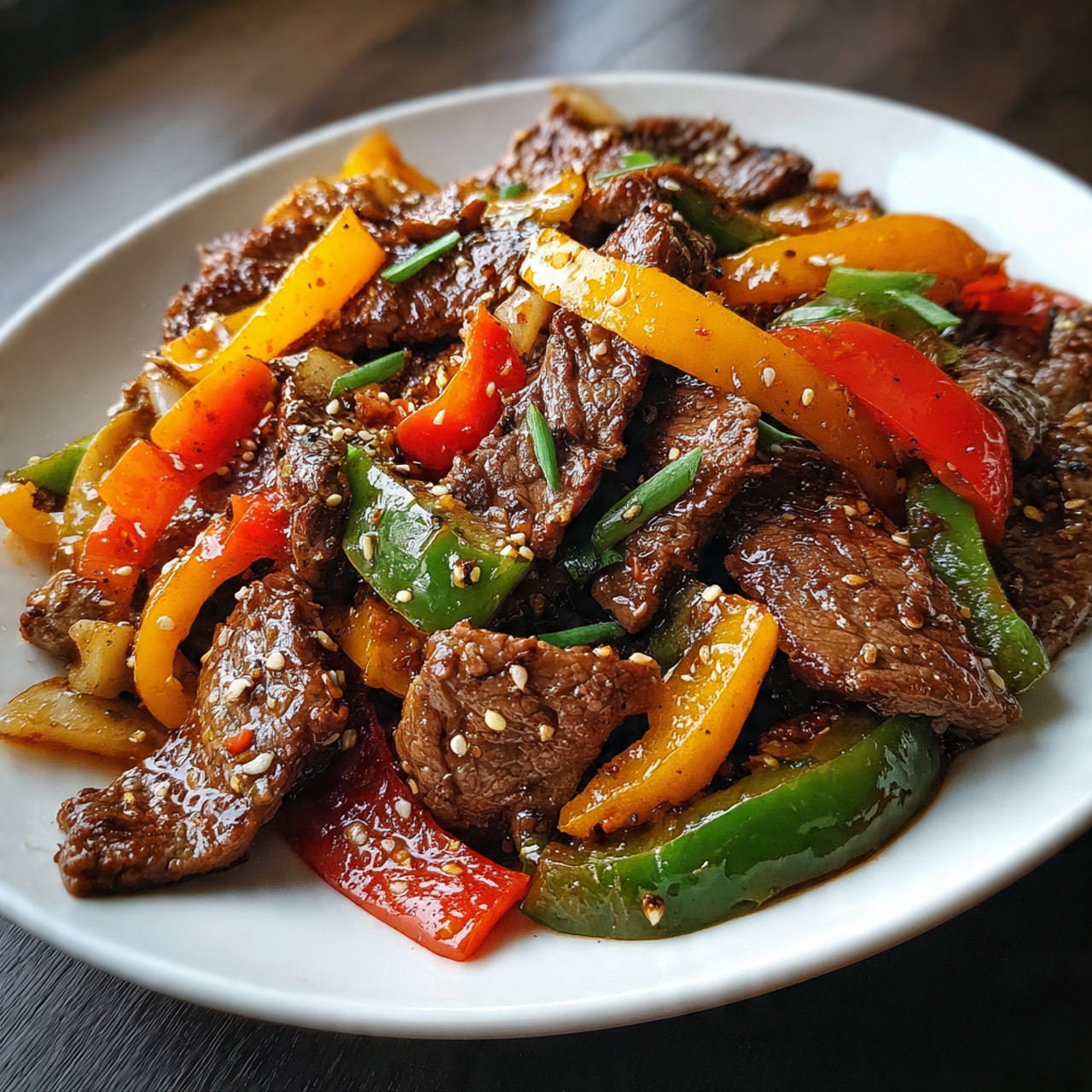 keto beef pepper steak stir-fry in a black skillet with tender sliced beef, vibrant red yellow and green bell peppers, garnished with sesame seeds and green onions