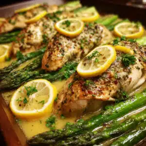 Baked Chicken and Asparagus is the easiest one-pan dinner you'll make all week! Tender, juicy chicken with perfectly roasted asparagus and a bright lemon-garlic sauce
