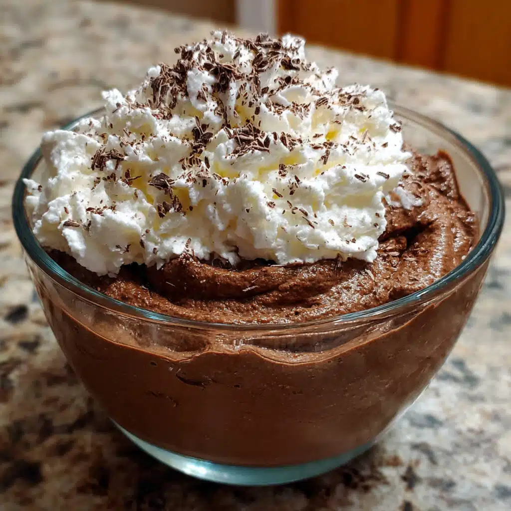 Creamy cottage cheese chocolate mousse served in a clear glass with fresh raspberries and shaved chocolate on top