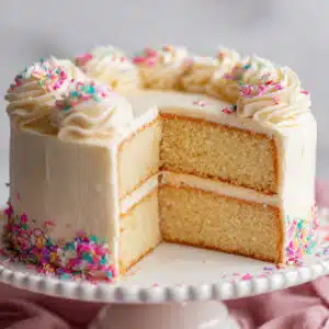 The Best Vanilla Cake 9 A slice of classic vanilla layer cake with white buttercream frosting on a white plate, showing the light, fluffy texture of the cake layers