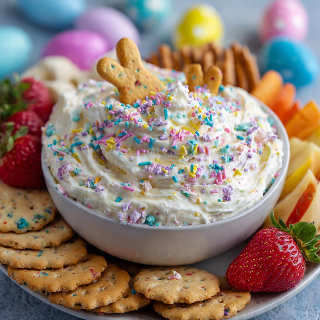 Easter Dunkaroo Dip 6 Creamy Easter Dunkaroo Dip topped with pastel sprinkles in a white serving bowl, surrounded by animal crackers, fresh strawberries, and graham crackers on a festive spring tablecloth