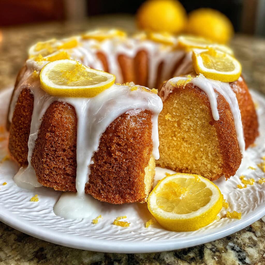 golden Italian lemon pound cake with glossy white lemon glaze dripping down the sides, garnished with fresh lemon zest