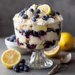 Lemon blueberry cheesecake trifle in a clear glass bowl showing layers of pound cake, cream cheese filling, blueberry sauce, and whipped cream topped with fresh blueberries and lemon zest