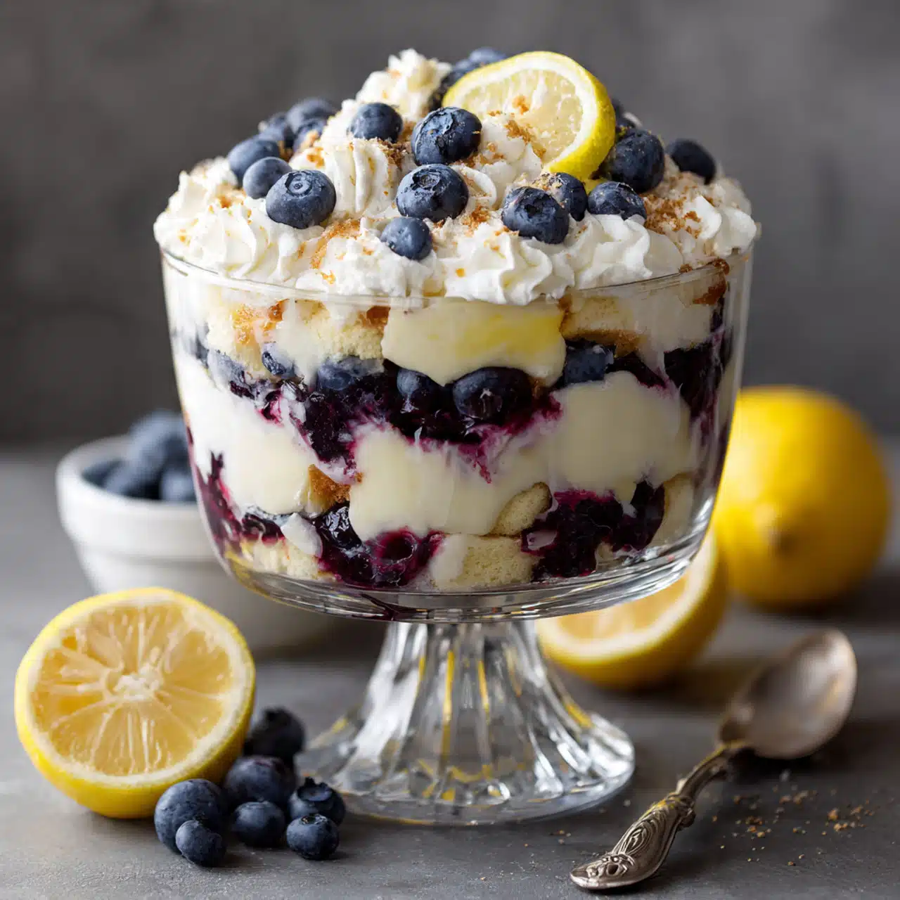 Lemon blueberry cheesecake trifle in a clear glass bowl showing layers of pound cake, cream cheese filling, blueberry sauce, and whipped cream topped with fresh blueberries and lemon zest
