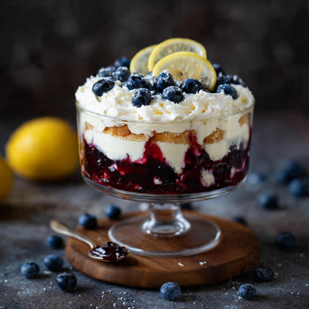 Lemon blueberry cheesecake trifle in a clear glass bowl showing layers of pound cake, cream cheese filling, blueberry sauce, and whipped cream topped with fresh blueberries and lemon zest