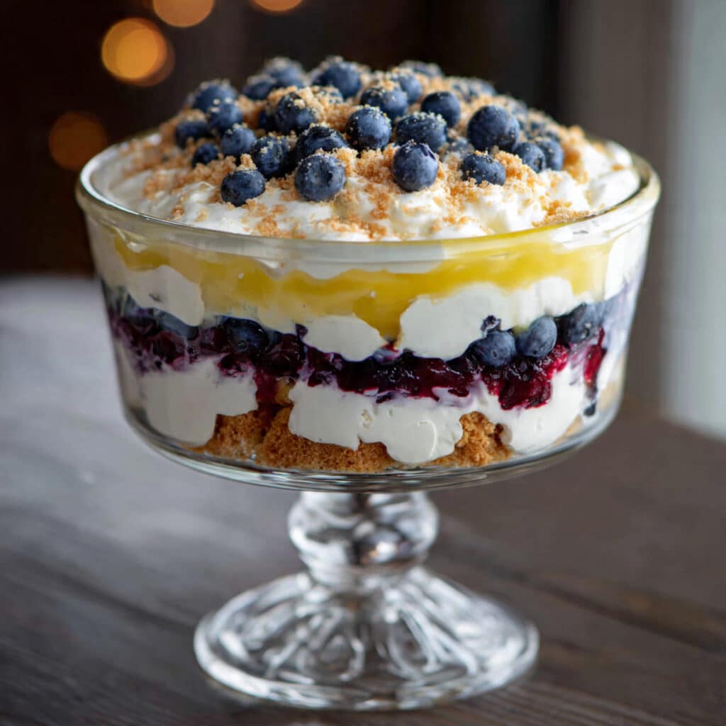 Lemon blueberry cheesecake trifle in a clear glass bowl showing layers of pound cake, cream cheese filling, blueberry sauce, and whipped cream topped with fresh blueberries and lemon zest