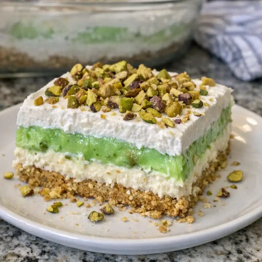 No Bake Pistachio Lush 6 pistachio lush dessert on a white plate showing distinct layers of graham cracker crust, creamy green pistachio filling, and chopped pistachios on top