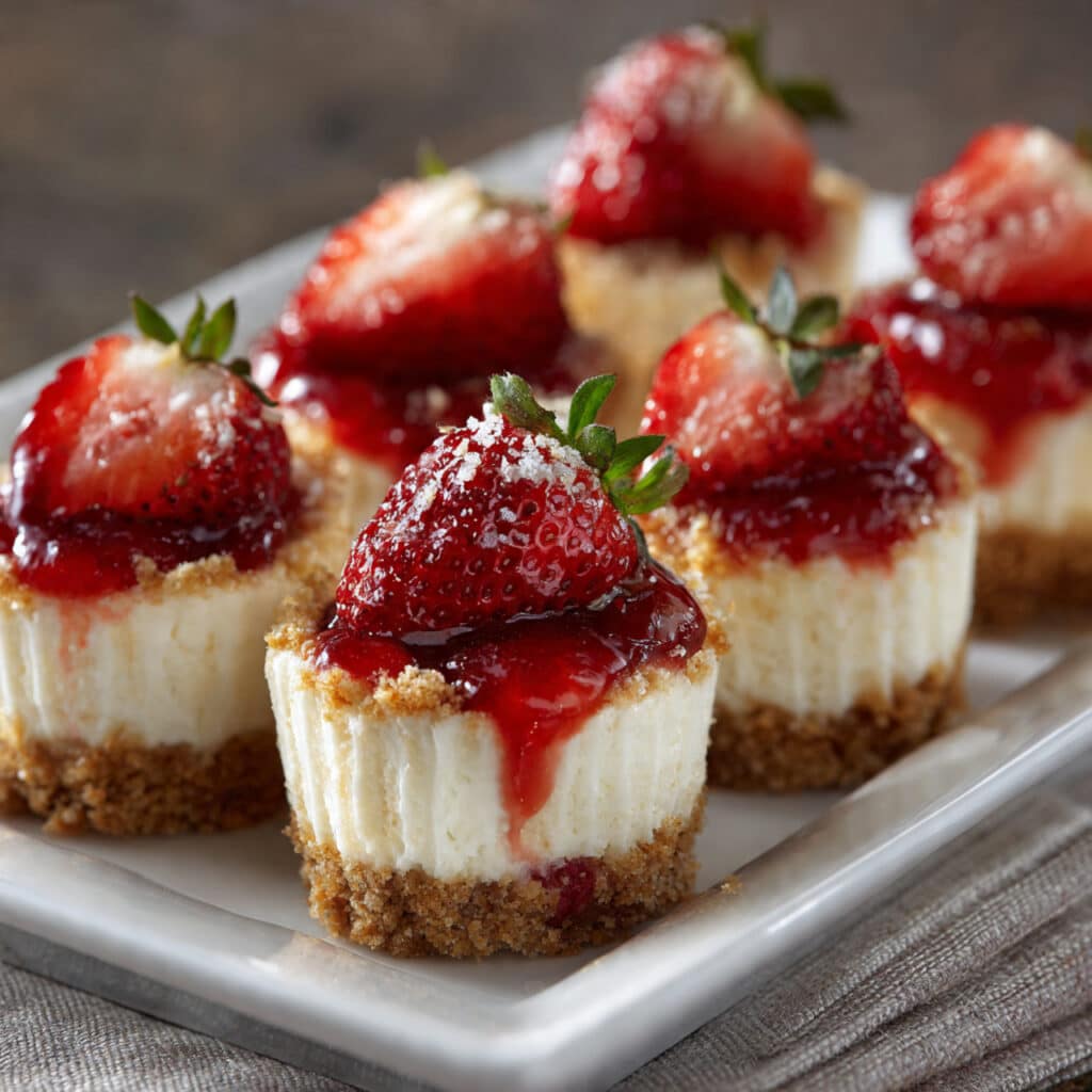 strawberry crunch cheesecake bites on a white plate showing layers of graham cracker crust, creamy cheesecake filling, and pink strawberry crunch topping