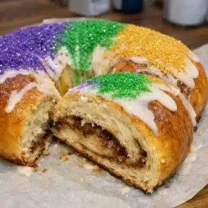 Golden oval-shaped King Cake decorated with purple, green, and gold sugar stripes, drizzled with white icing, displayed on a white plate with a festive Mardi Gras background